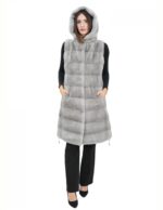 Gilet 94 cm grigio zaffiro visone orizzontale donna 50 pelliccia cappuccio coulisse