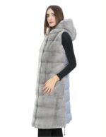 Gilet 94 cm grigio zaffiro visone orizzontale donna 50 pelliccia cappuccio coulisse