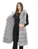 Gilet 94 cm grigio zaffiro visone orizzontale donna 50 pelliccia cappuccio coulisse