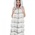 Gilet lungo in pelliccia di volpe ice bianco 46 con cappuccio e pelle scamosciata 112 centimetri