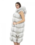 Gilet lungo in pelliccia di volpe ice bianco 46 con cappuccio e pelle scamosciata 112 centimetri