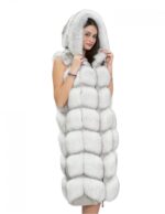 Gilet lungo in pelliccia di volpe ice bianco 46 con cappuccio e pelle scamosciata 112 centimetri