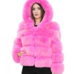 Giacca in volpe orizzontale 44 fucsia rosa acceso cappuccio pelliccia donna con ganci a maniche lunghe