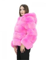 Giacca in volpe orizzontale 44 fucsia rosa acceso cappuccio pelliccia donna con ganci a maniche lunghe