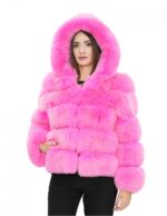 Giacca in volpe orizzontale 48 fucsia rosa acceso cappuccio pelliccia donna con ganci a maniche lunghe
