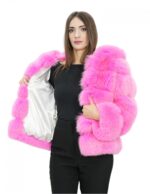 Giacca in volpe orizzontale 44 fucsia rosa acceso cappuccio pelliccia donna con ganci a maniche lunghe
