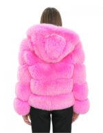 Giacca in volpe orizzontale 44 fucsia rosa acceso cappuccio pelliccia donna con ganci a maniche lunghe