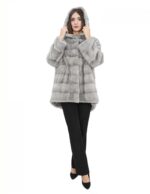 Damen Mongomery Mantel 76 cm Saphir Nerz Pelz 52 Kordelzug in der Taille und Kapuze unten – Bild 5