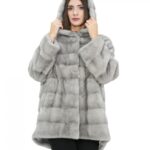 Cappotto mongomery donna 76 cm pelliccia visone zaffiro 52 coulisse vita e fondo cappuccio