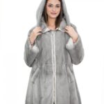 Cappotto 48 reversibile zaffiro visone intero e tessuto impermeabile zip manica lunga lungo 86 cm
