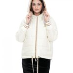 Piumino corto reversibile in vera piuma 42 beige e marrone manica lunga e cappuccio tasche esterne
