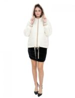 Piumino corto reversibile in vera piuma 46 beige e marrone manica lunga e cappuccio tasche esterne