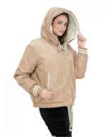 Piumino corto reversibile in vera piuma 46 beige e marrone manica lunga e cappuccio tasche esterne