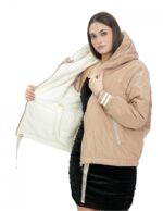 Piumino corto reversibile in vera piuma 42 beige e marrone manica lunga e cappuccio tasche esterne