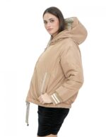 Piumino corto reversibile in vera piuma 46 beige e marrone manica lunga e cappuccio tasche esterne
