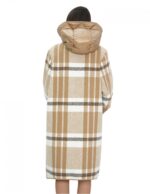 Cappotto lana e piumino lungo 100 cm 46 marrone fantasia quadri mod campana chiusura bottoni e zip