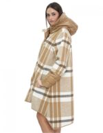Cappotto lana e piumino lungo 100 cm 50 marrone fantasia quadri mod campana chiusura bottoni e zip