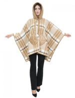 Poncho mantella in lana con inserti in piumino marrone fantasia a quadri con cappuccio e chiusura bottoni tasche esterne