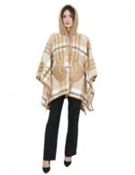 Poncho mantella in lana con inserti in piumino marrone fantasia a quadri con cappuccio e chiusura bottoni tasche esterne
