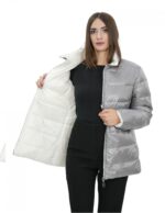 Wendbare echte Daunenjacke 48 grau-weißer Kragen mit Paspel und langen Ärmeln unsichtbare Tasche – Bild 7