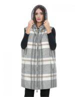 Smanicato gilet reversibile 48 grigio in lana con fantasia a quadri da un lato e dall'altro in piumino con cappuccio e zip
