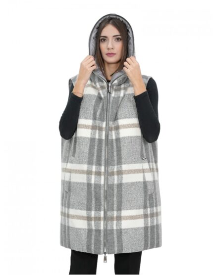 Smanicato gilet reversibile 52 grigio in lana con fantasia a quadri da un lato e dall'altro in piumino con cappuccio e zip
