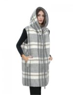 Smanicato gilet reversibile 48 grigio fantasia a quadri da un lato e l'altro piumino con cappuccio e zip