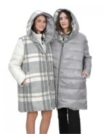 Wendbare echte Daunenjacke 48 grau-weißer Kragen mit Paspel und langen Ärmeln unsichtbare Tasche – Bild 14