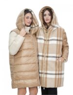 Piumino in vera piuma reversibile 50 marrone e beige collo pistagna manica lunga tasca invisibile
