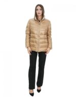 Piumino in vera piuma reversibile 50 marrone e beige collo pistagna manica lunga tasca invisibile