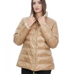 Piumino in vera piuma reversibile 50 marrone e beige collo pistagna manica lunga tasca invisibile