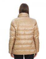 Piumino in vera piuma reversibile 50 marrone e beige collo pistagna manica lunga tasca invisibile