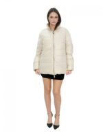 Piumino in vera piuma reversibile 50 marrone e beige collo pistagna manica lunga tasca invisibile