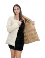 Piumino in vera piuma reversibile 50 marrone e beige collo pistagna manica lunga tasca invisibile