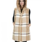 Smanicato gilet reversibile 46 marrone in lana con fantasia a quadri da un lato e dall'altro in piumino con cappuccio e zip