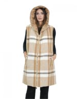 Smanicato gilet reversibile 50 marrone in lana con fantasia a quadri da un lato e dall'altro in piumino