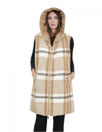 Smanicato gilet reversibile 50 marrone in lana con fantasia a quadri da un lato e dall'altro in piumino