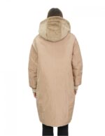 Cappotto reversibile con pelliccia di montone e piumino in piuma 50 nei colori beige e marrone manica lunga chiusura zip