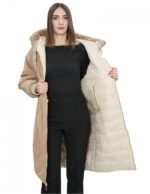 Cappotto reversibile con pelliccia di montone e piumino in piuma 50 nei colori beige e marrone manica lunga chiusura zip