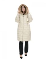 Cappotto reversibile con pelliccia di montone e piumino in piuma 50 nei colori beige e marrone manica lunga chiusura zip
