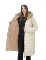 Cappotto reversibile con pelliccia di montone e piumino in piuma 46 nei colori beige e marrone manica lunga chiusura zip