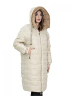 Cappotto reversibile con pelliccia di montone e piumino in piuma 50 nei colori beige e marrone manica lunga chiusura zip