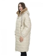 Cappotto reversibile con pelliccia di montone e piumino in piuma 50 nei colori beige e marrone manica lunga chiusura zip
