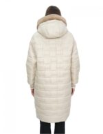 Cappotto reversibile con pelliccia di montone e piumino in piuma 50 nei colori beige e marrone manica lunga chiusura zip