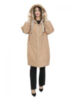 Cappotto reversibile con pelliccia di montone e piumino in piuma 46 nei colori beige e marrone manica lunga chiusura zip