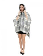 Woll-Cape-Poncho mit grau karierten Dauneneinsätzen mit Kapuze und Knopfverschluss, Außentaschen – Bild 6