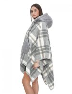 Woll-Cape-Poncho mit grau karierten Dauneneinsätzen mit Kapuze und Knopfverschluss, Außentaschen – Bild 3