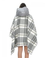 Woll-Cape-Poncho mit grau karierten Dauneneinsätzen mit Kapuze und Knopfverschluss, Außentaschen – Bild 7