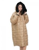 Cappotto reversibile con pelliccia di montone e piumino in piuma 48 nei colori oro e nero manica lunga chiusura zip