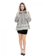 Sapphire mink fur jacket 52 full and horizontal knit long sleeves hood - Image 5